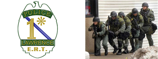 Emergency Response Team badge and image of five officers in gear on a mission