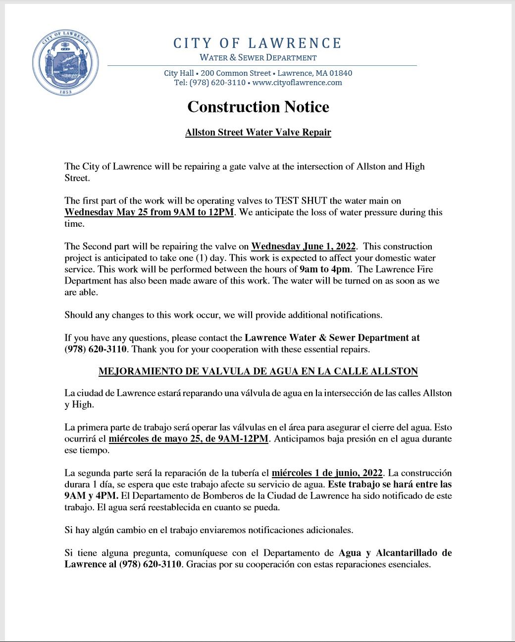 Construction Notice Allston St Water Valve Repair