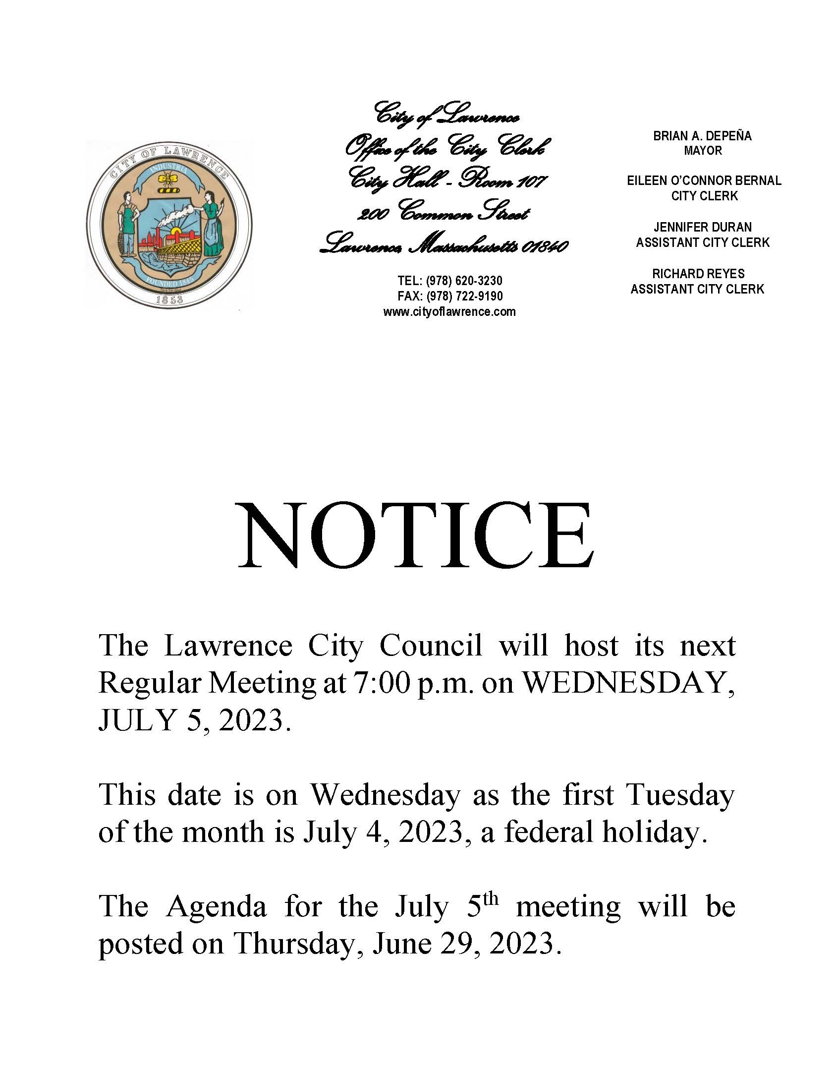 MEETING NOTICE - JULY 5